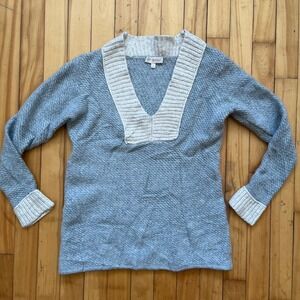 Tory Burch Textured V Neck Sweater Light Grey Cashmere Blend Women's XL
